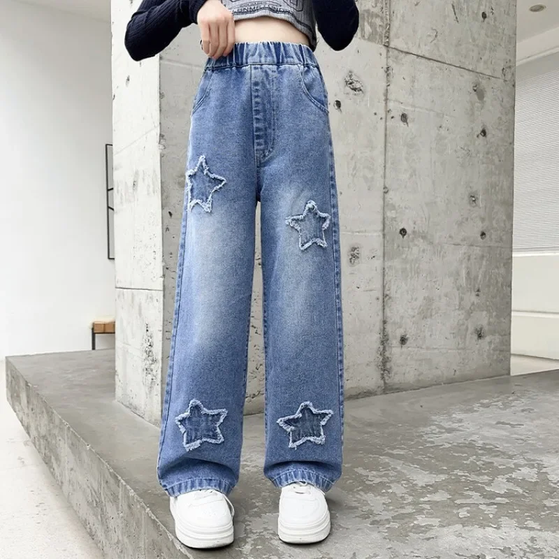 Girls Loose Wide-leg Jeans Trousers Children Fashion Star Pattern Straight Denim Pants Spring Autumn Casual Clothing 5-12 Years