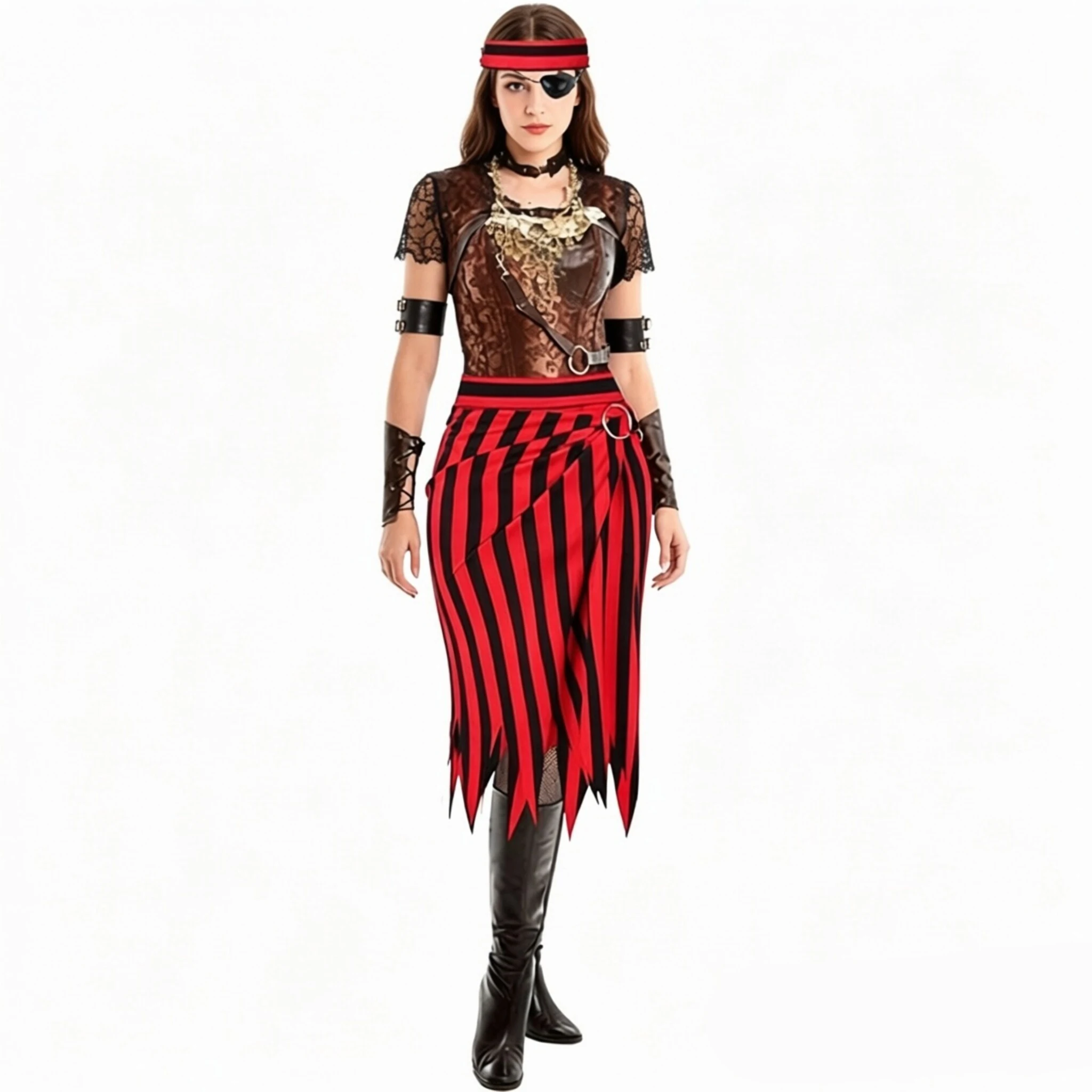 Falda a rayas de pirata para mujer, con diadema a juego, falda envolvente con dobladillo irregular y asimétrico, accesorio para disfraces de Halloween, fiestas de disfraces y cosplay.