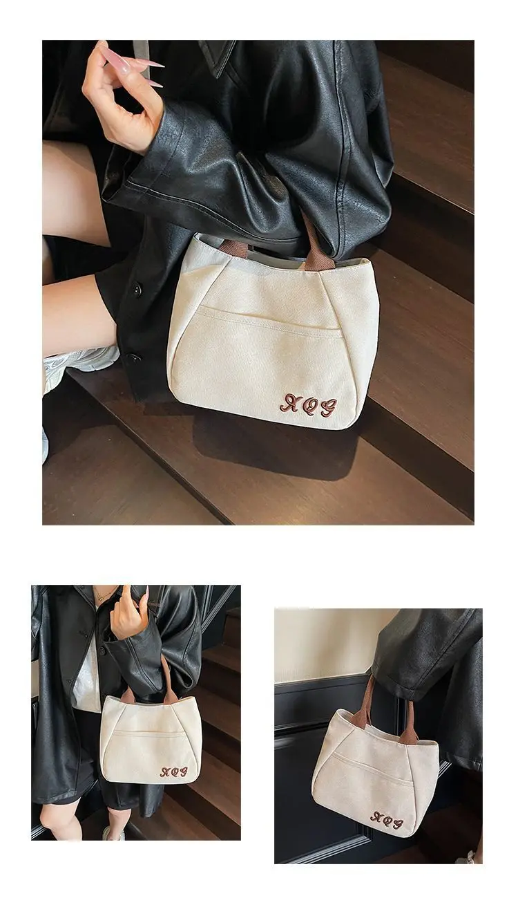 Retro-Canvas-Einkaufstasche zum Pendeln zur Arbeit. Kleine lässige Canvas-Tasche für Damen. Handgehaltene Tragetasche. – Detail 8