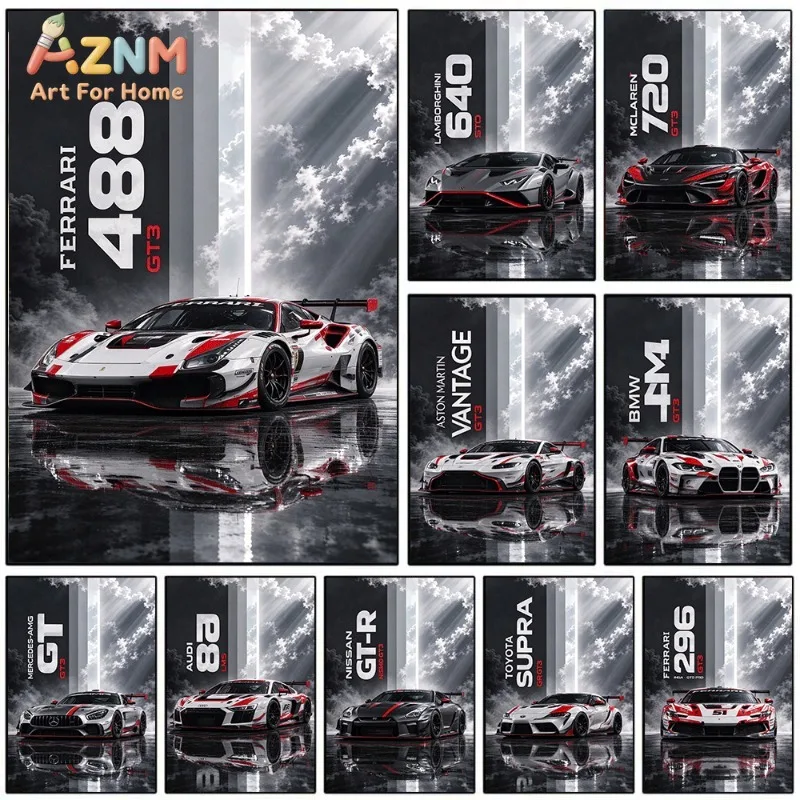 Frameless GT3 Race Supercar Canvas Wall Art Ferrari Lamborghini BMW Nissan Sports Car Poster Living Room Boys Room Home Decor