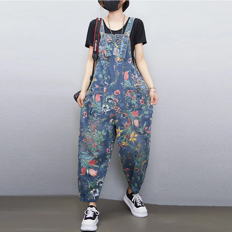 Moda Streetwear Print Floral Denim Jumpsuit Women Casual Loose Wide Leg Pants Rompers Big Size Pockets Straps Jeans Overalls