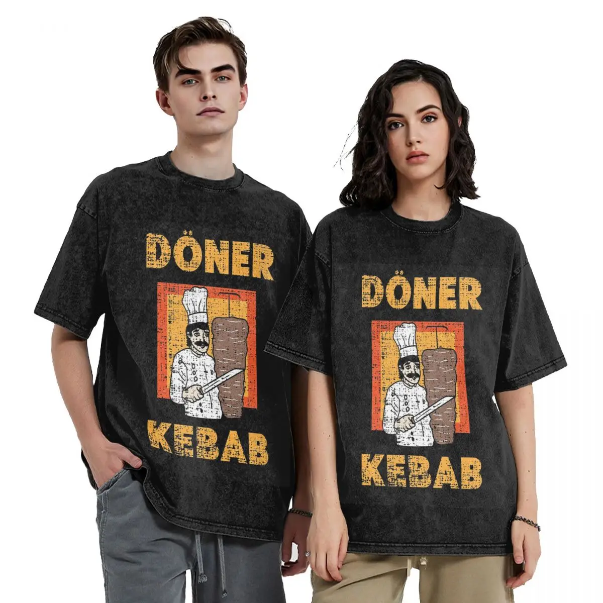 Funny Doner Kebab Cartoon Washed T Shirts Harajuku Short Sleeve Hip Hop T-Shirt Streetwear Tops Tees for Men Women