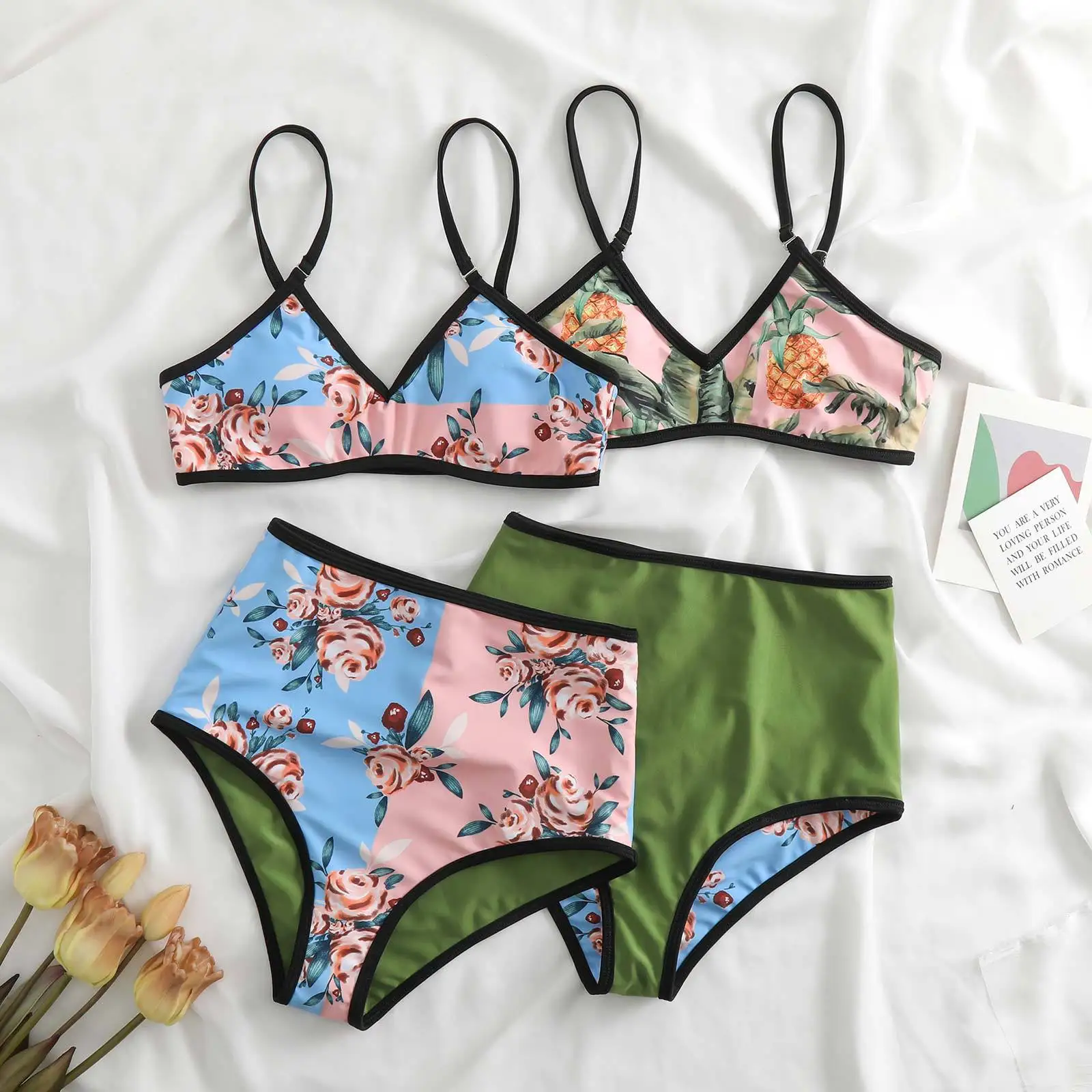 2023 New Fashion Female Reversible Tankini Multicolor Swimwear High Waist Backless Sexy Bikini Hot Spring Two-Piece Swimsuit