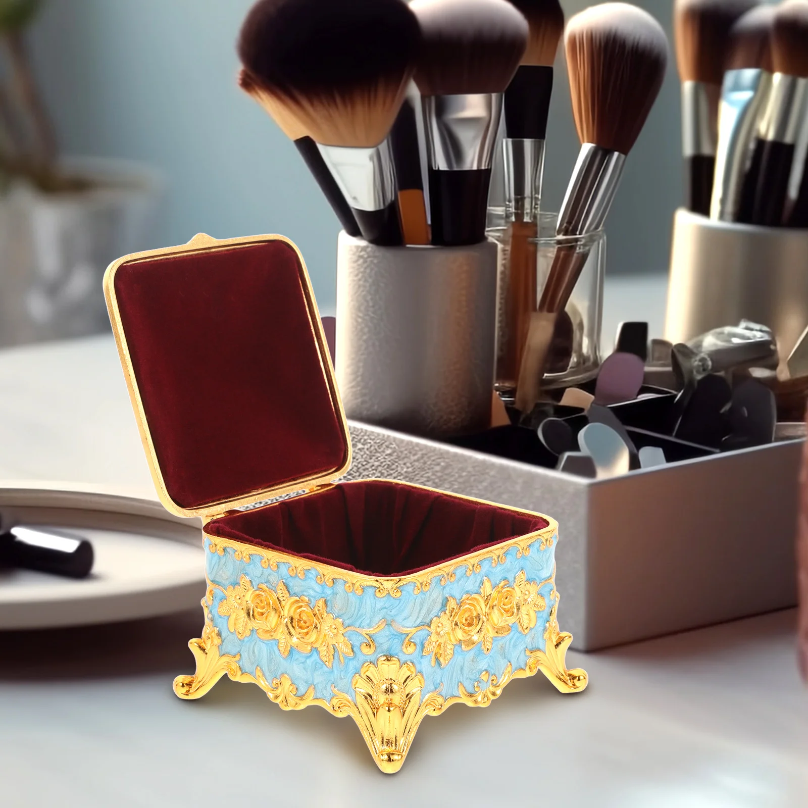 

Portable Jewelry Box 7x7x5cm Zinc Alloy Enamel Storage Case for Necklace Earrings Gifts Decorative Trinket Organizer Blue Metal