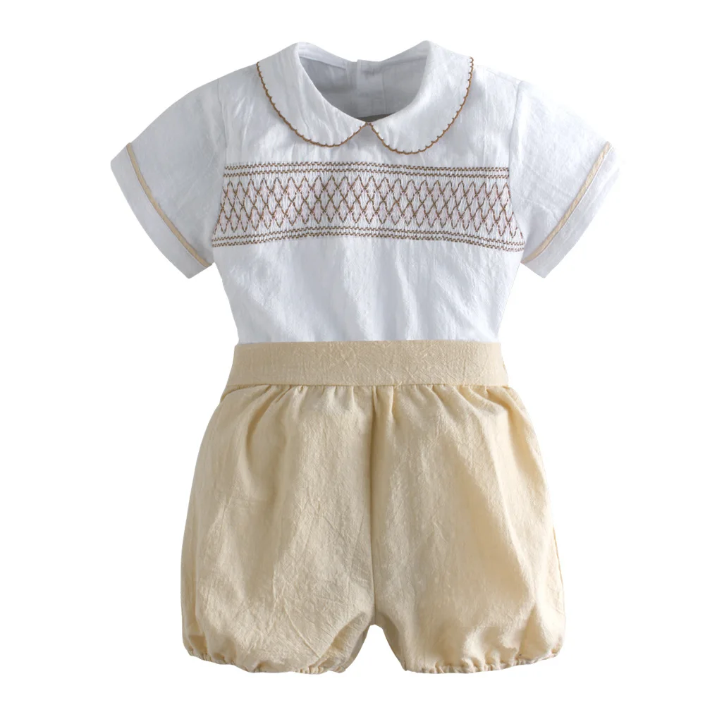 

‌2025 Summer Baby Boys Handmade Smock Outfit Short Sleeve Tops Short Two Piece Set Toddler Birthday Party Suit