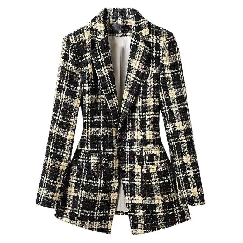 

Fashion New Spring Fall Women Midnight Navy Slim Blazer Office Lady Striped Plaid Suit Jacket Coat Girl Party Casual Clothes