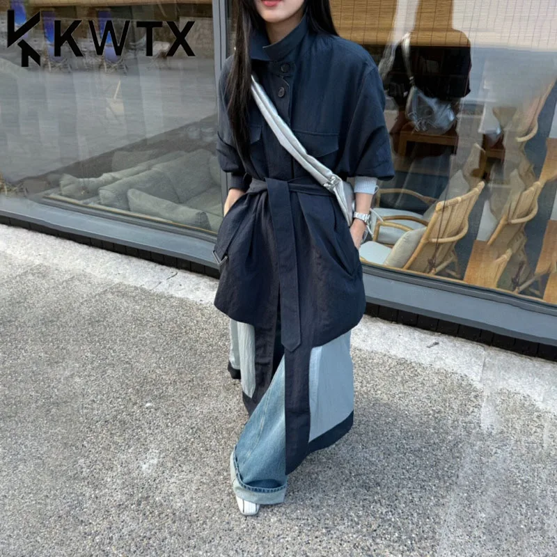 

KWTX Women’s Trench Coat Patchwork Stand Collar Belted Waist Minimalist Chic Vintage Spring Summer 2025 High Quality Designer