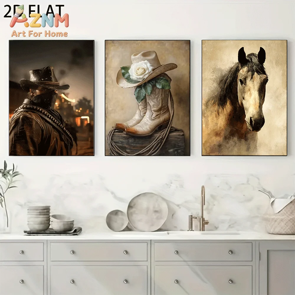 AZNM Frameless Canvas Wall Art, Vintage Western Cowboy Hat Boot Horse Print, Retro Wild West Country Style Wall Decor for Living