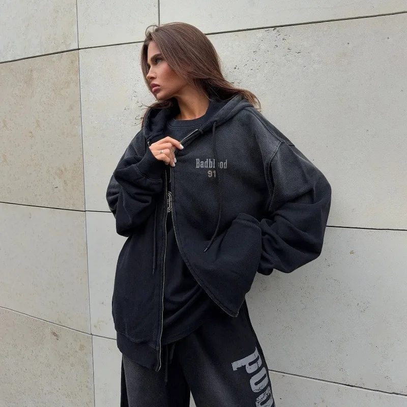 

High Street Old Letters Gradual Change Color Sweater Jacket Women Versatile Loose Early Autumn Hooded Zip Cardigan Top