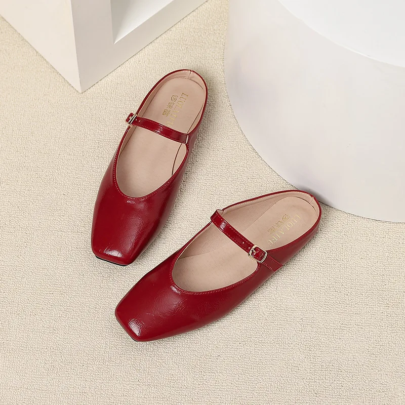 

French Style Closed Toe Half Slippers for Women Summer Outdoor Slip on Square Toe Flat Mary Jane Shoe Ladies Elegant Dress Mules