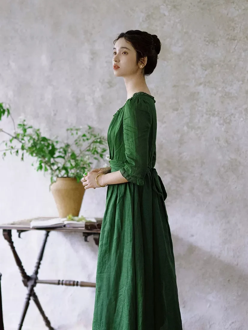 84-96cm Bust Spring Summer Women European Victorian Vintage Slim Waist Comfortable Thin Light Ramie Green Dresses