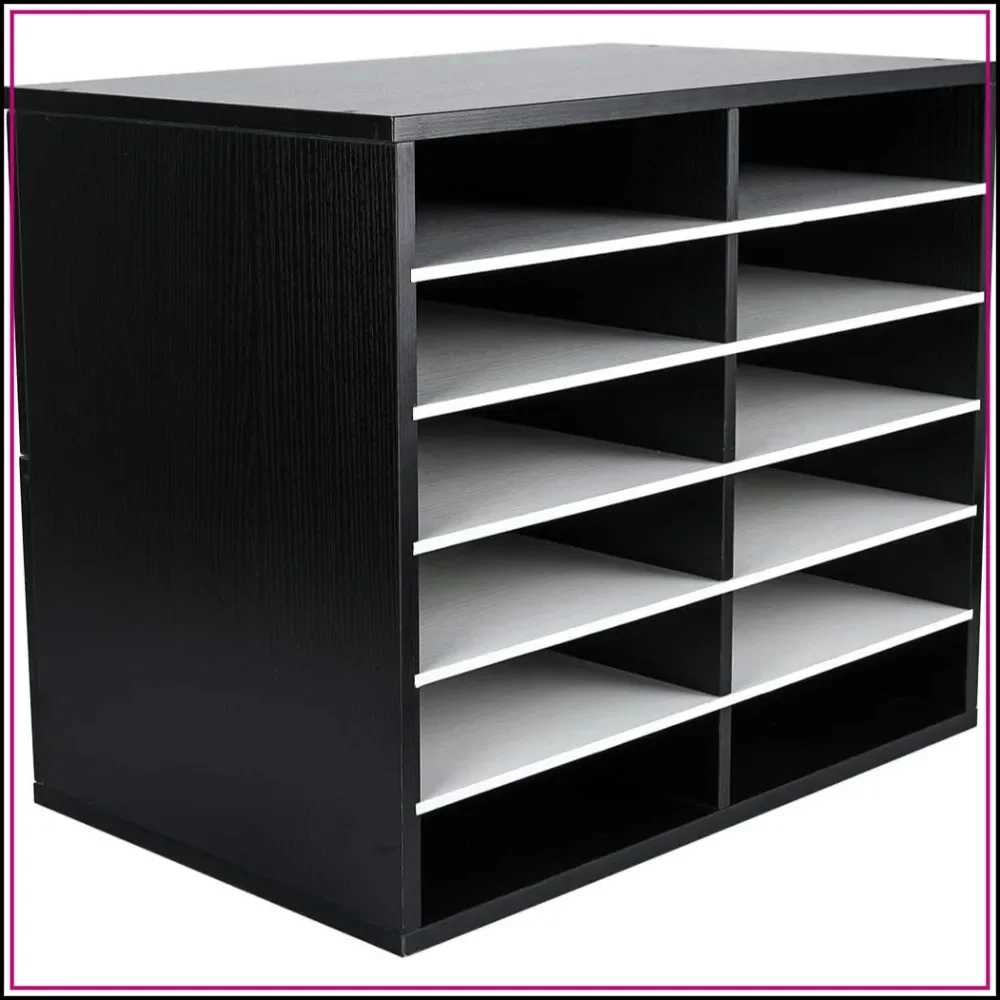 12-Fächer Holz-Papierorganizer mit Verstellbaren Regalen, 6000 Blatt Kapazität, Briefsortierer für Büro/Klassenzimmer, Schwarz/Weiß