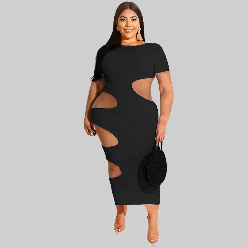 KEXU Plus Size Ribbed Cut Out Side Hole Sexy Party Club Evening Midi Maxi Bodycon Dress Women  Knitted Long Dresses