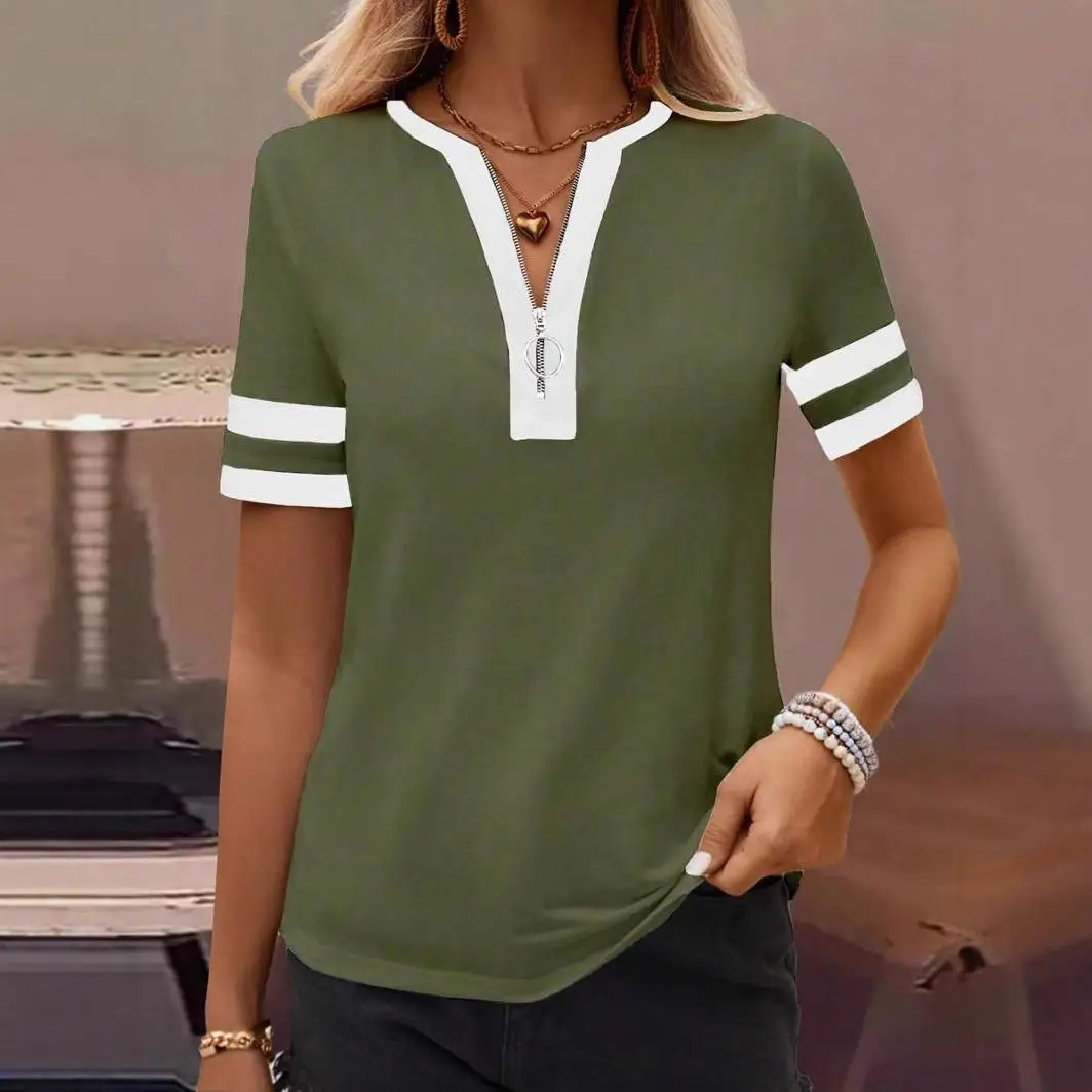 Bluzka damska z zamkiem błyskawicznym, urocza, luźny krój, mieszanka poliestru, T-shirt, odzież codzienna dla kobiet.