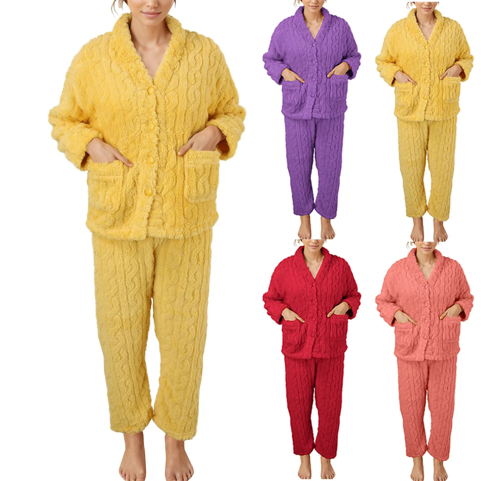 

Women Fuzzy Pajama Set Warm Long Sleeve Sleepwear Plush Loungewear Thermal Nightwear With Pockets s Set