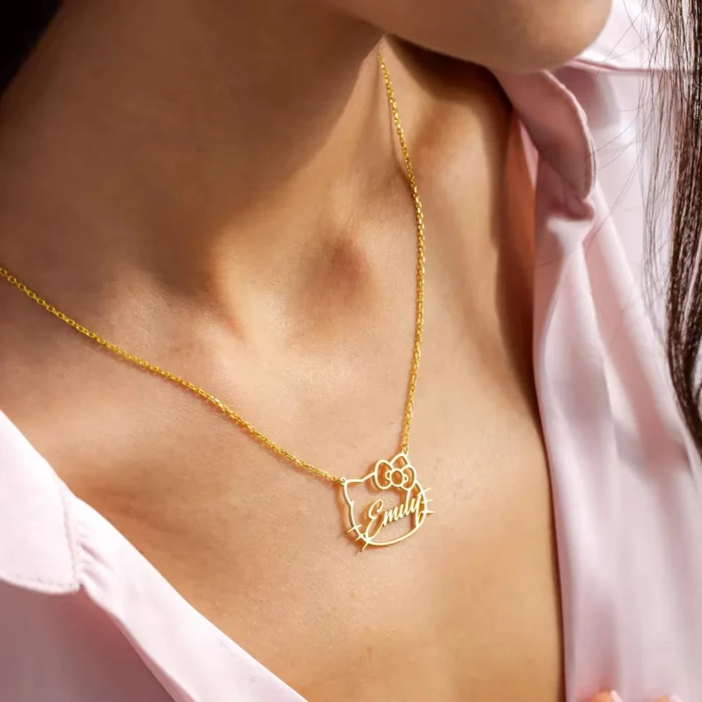 2025 Modische neue personalisierte individuelle Namenskette mit Katzen- und Kitty-Anhänger, Geburtstagsgeschenk aus Edelstahl 304