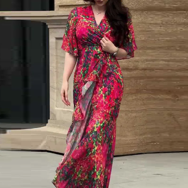 Spring Elegant Floral Print Ruffle Evening Dress Women's Sexy V Neck High Waist Slim Long Dress Summer Short Sleeve Boho Dresses