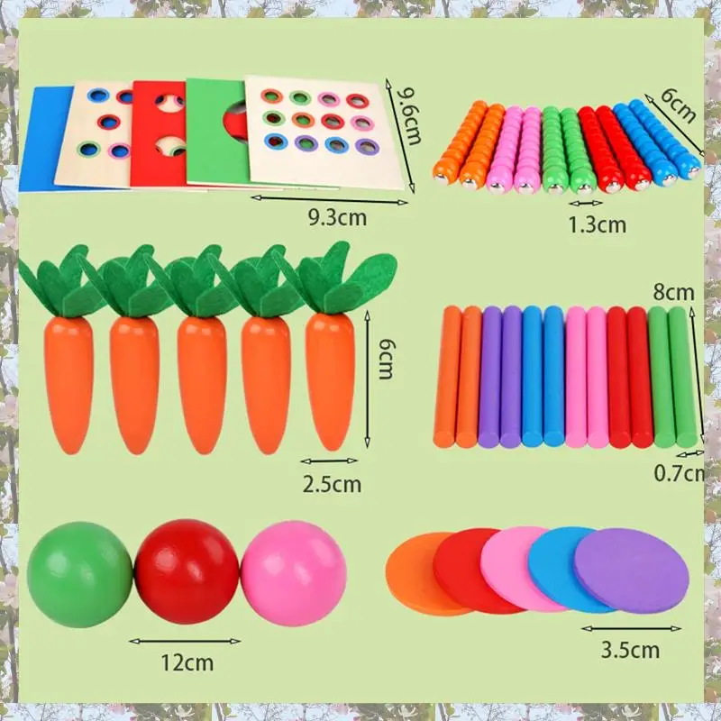 T84C-6-In-1 ไม้ Montessori ชุดวัตถุถาวรกล่องเล่นชุดเหรียญกล่องแครอท Harvest Shape Sorter Ball DROP Dur