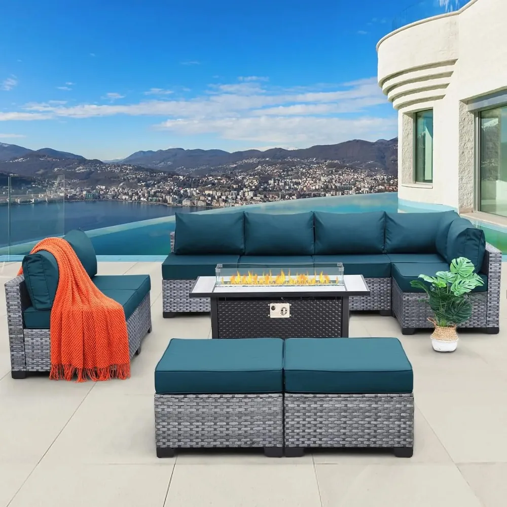 Patio Furniture Set 10 PC All-Weather Silver Gray Wicker Sofa Sectional Couch W/Washable Cushions,60000 BTU Steel Gas Fire Pit