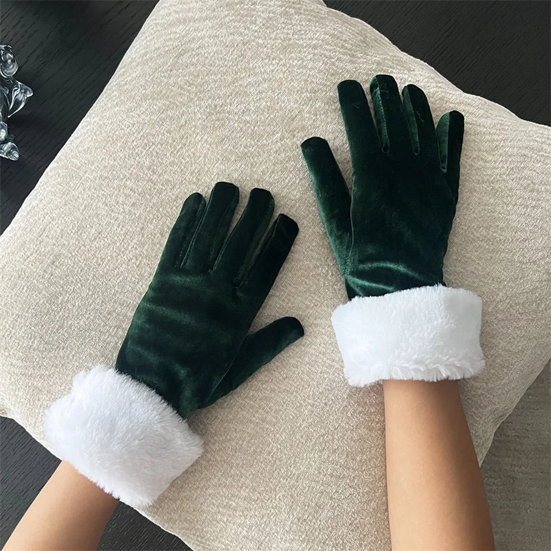 Guantes navideños de terciopelo para hombre y mujer, guantes elegantes Retro cortos con adornos peludos, guantes de Papá Noel para fiesta, escenario festivo, 1 par