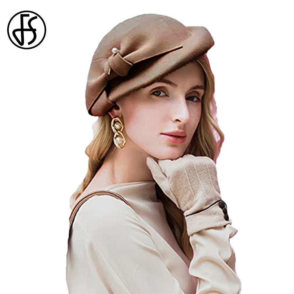 FS Winter Camel Wool Beret For Ladies Luxury Fascinators Hats Women Church Hat Elegant Cocktail Party Cap With Bowknot 2025