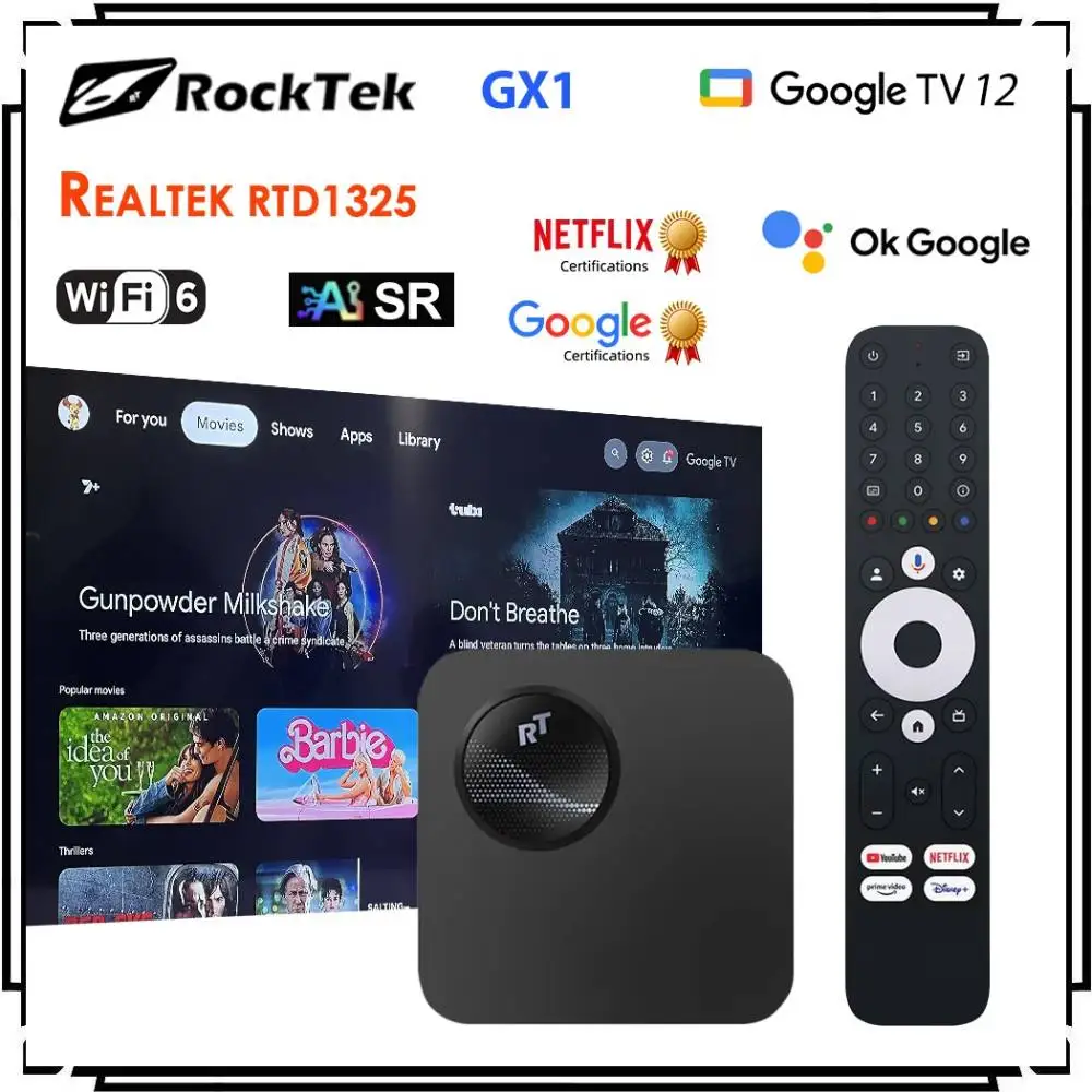 RockTek GX1 UHD Google TV 12 Box Netflix Google معتمد Realtek1325 A55 Edge AI يدعم Dolby Atmos Vision 2T2R Android TV Box