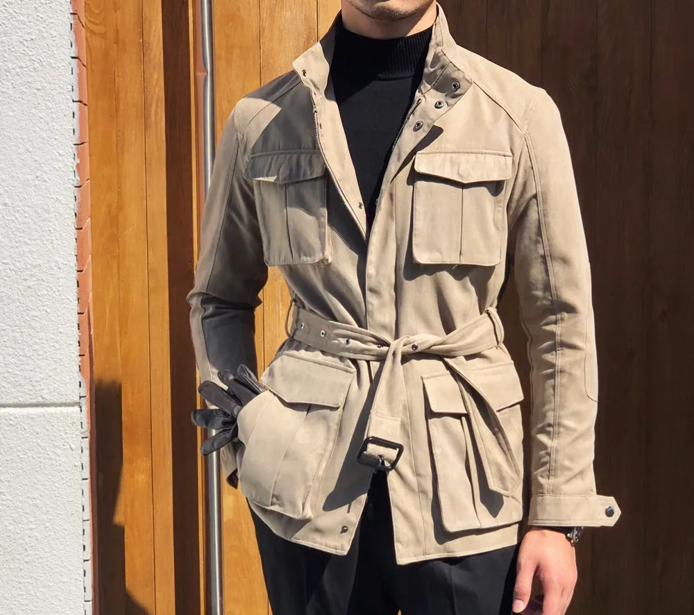 Men\'s Imitation Suede Safari Jacket Double Zipper Casual Slim Vintage Coat Autumn Winter Designer Working Clothing for Man