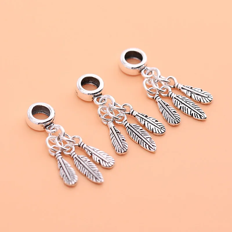 Colgante vintage de Plata de Ley 925 con pluma de tres hojas para mujer, pulsera hecha a mano, material de cuentas, accesorios para collar