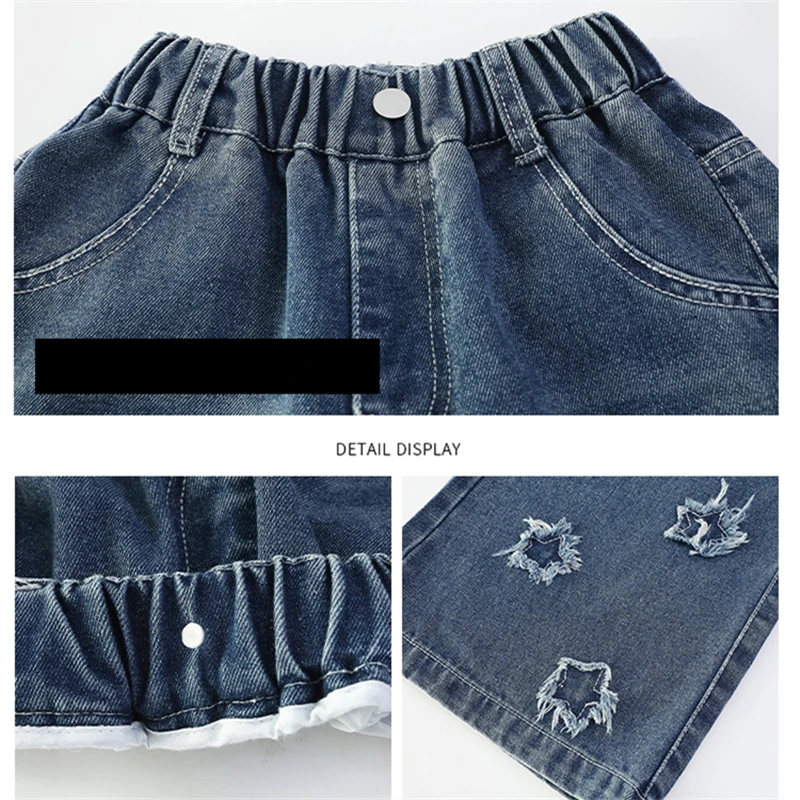 جينز أنيق فاخر للأطفال بأرجل مستقيمة مع نجوم للفتيات سراويل جينز عالية الشارع للأطفال سراويل جينز سوداء وزرقاء #5