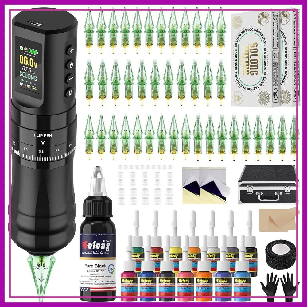 

Wireless Tattoo Machine Kit 7 Stroke Lengths 1800mAh Battery 40PCS Needles 14 Ink Black for Beginners Artists