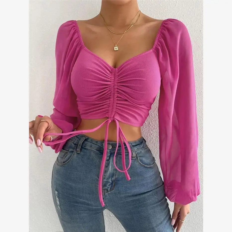 

Sexy Long Sve V-ne Dstring Splice Slimming Top Women's Faion Trend n Sle Polyester Material Clothing