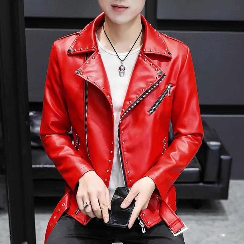 

2026 Men's Autumn New, Slim Pu Leather, Rivet Oblique Zipper Casual Leather Jacket