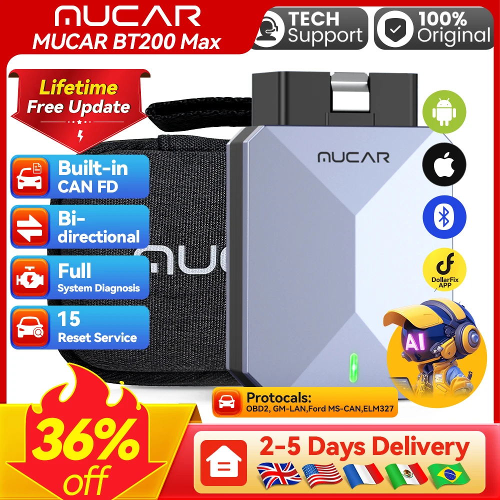 

Lifetime Free Update MUCAR BT200 Max OBD2 Scanner Bluetooth, CAN FD All System Diagnostic Tool Bi-directional Actuator15 Resets