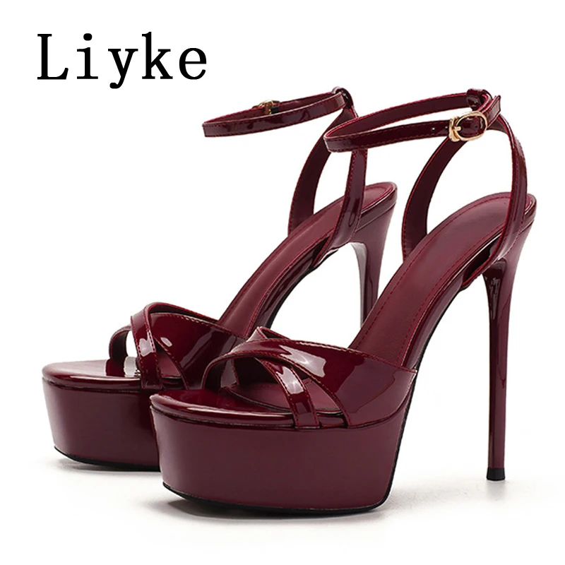 

Liyke Runway Style Super High Heels Platform Sandals For Women Solid Patent Leather Open Toe Buckle Strap Lady Wedding Prom Shoe
