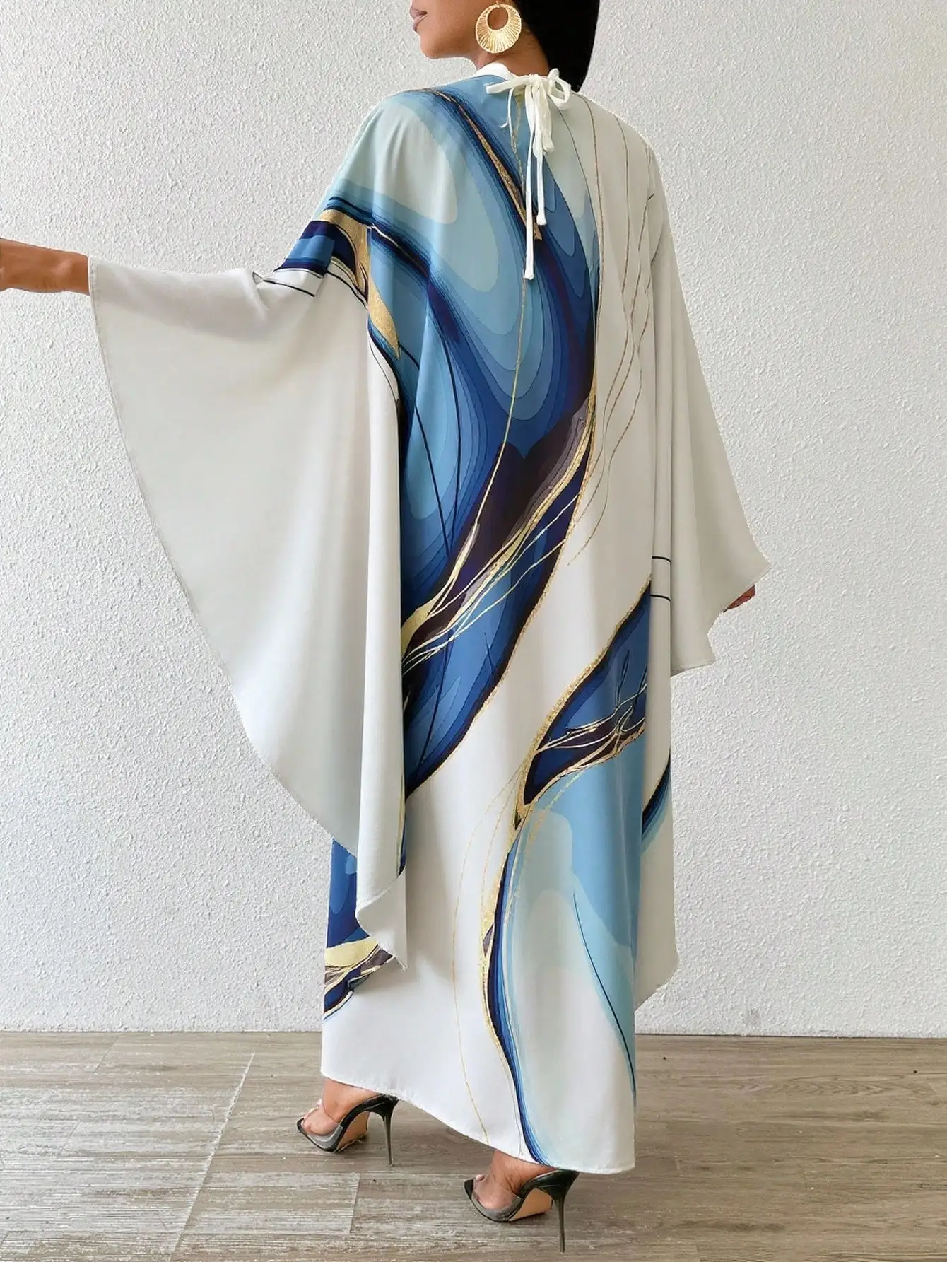 Fashion Tie Dye Pattern Print Maxi Dress For Women Elegant Short Sleeve Kimono Style Long Skirt Holiday Loose Ankle-Length Gwon