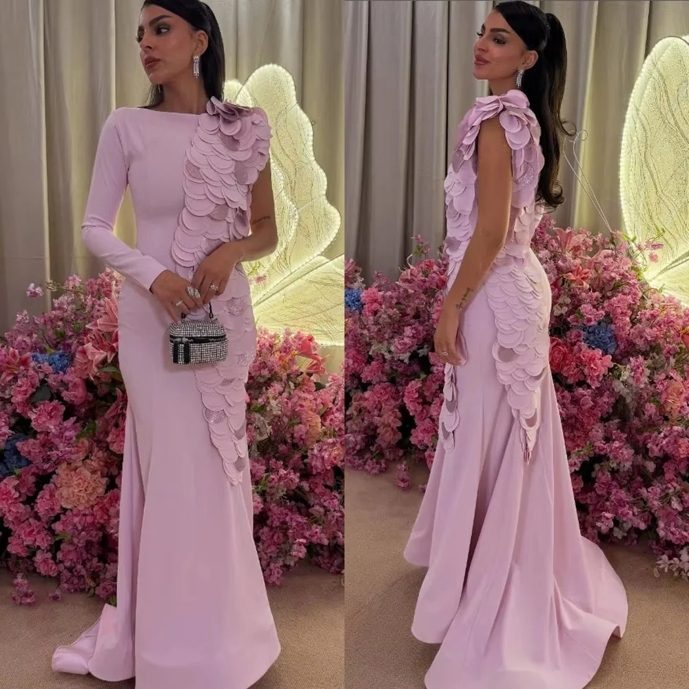 Customized Evening Dress Gorgeous Long Sleeve Prom Dresses Ruched Formal Occasion Shining Applique Party Gown Robe Soiree