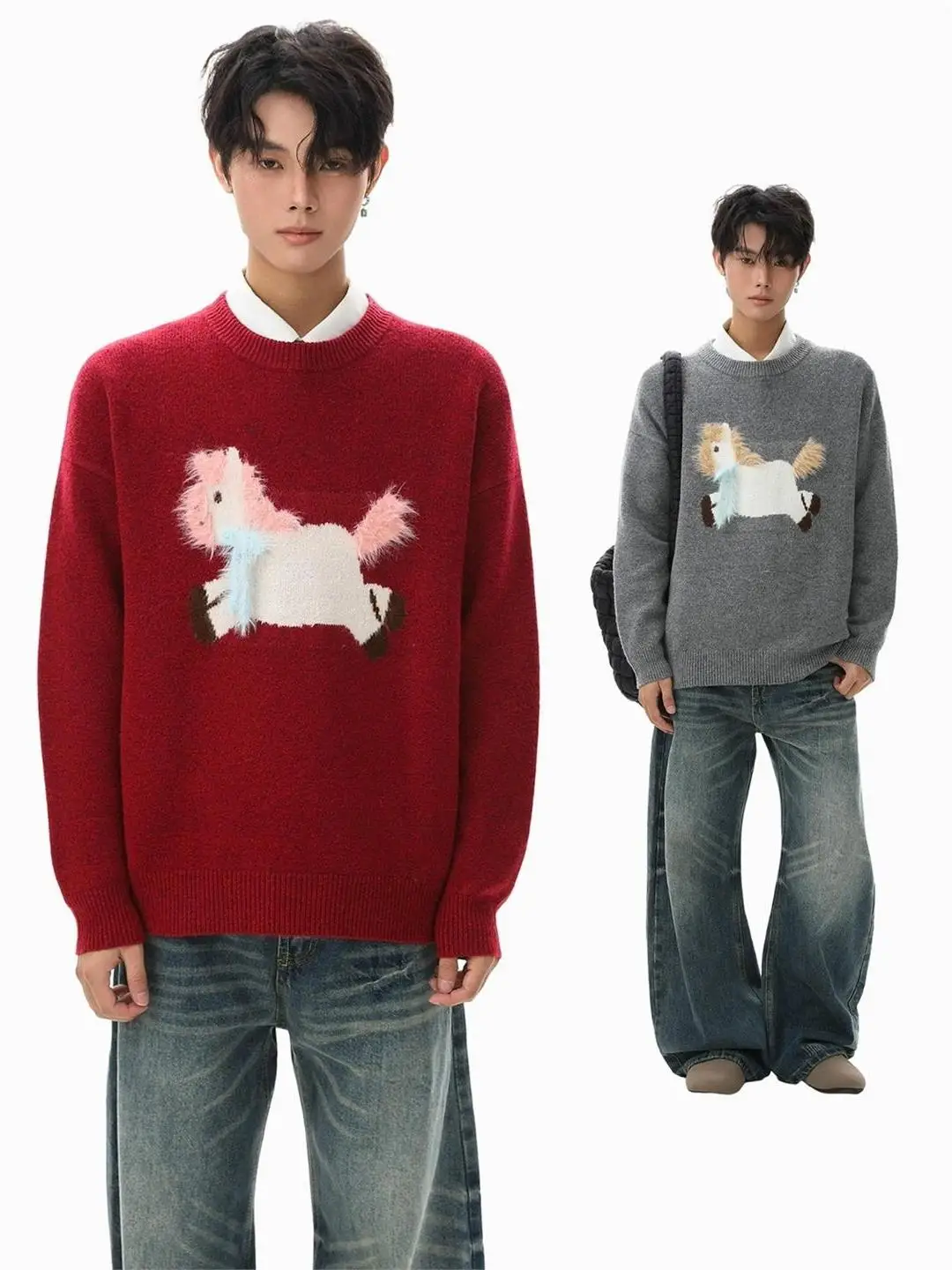 

Американский Sle круглый свободный вязаный свитер с вышивкой, Новый год, Luy Year, пара, повседневный зимний теплый топ