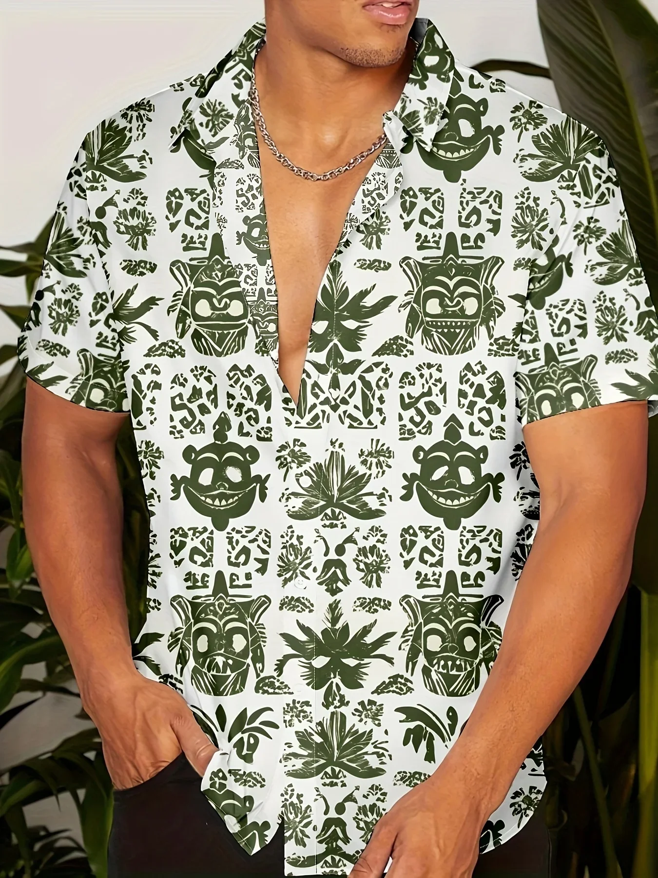 Men 3D All Over Print Halloween Skull Pumpkin Tiki Mask Cocktail Bottle Hibiscus Floral Hawaiian Short Sleeve Beach Party Shirt