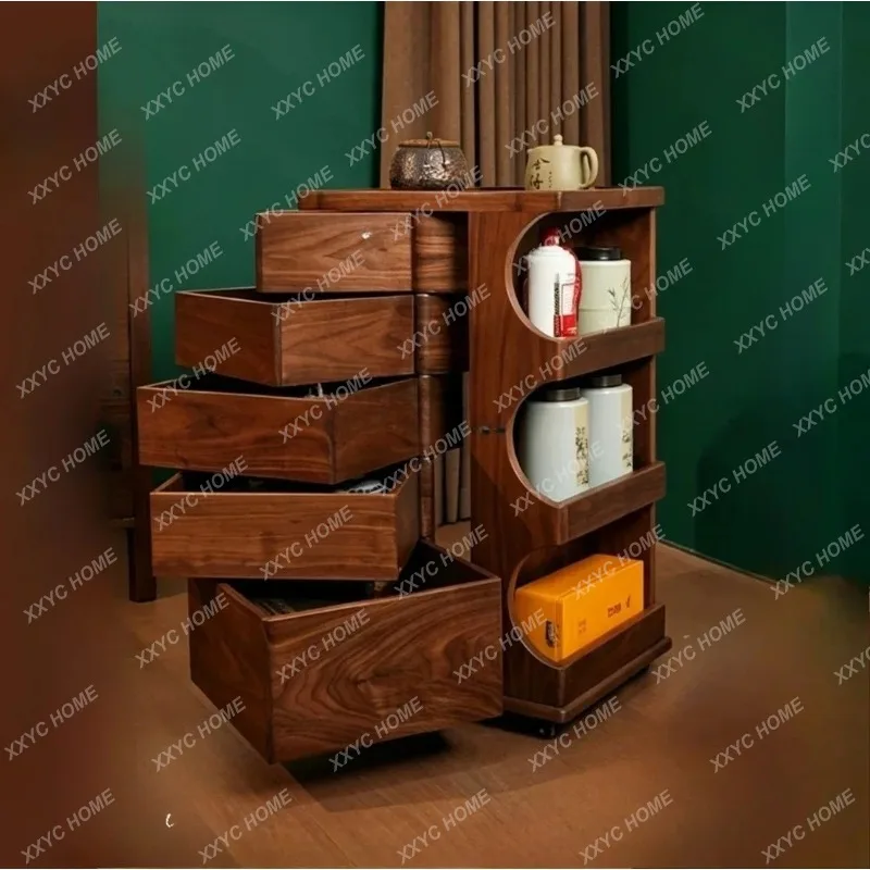 XXNorth  black walnut mobile side cabinet rotating Wenwan tea set storage bucket cabinet