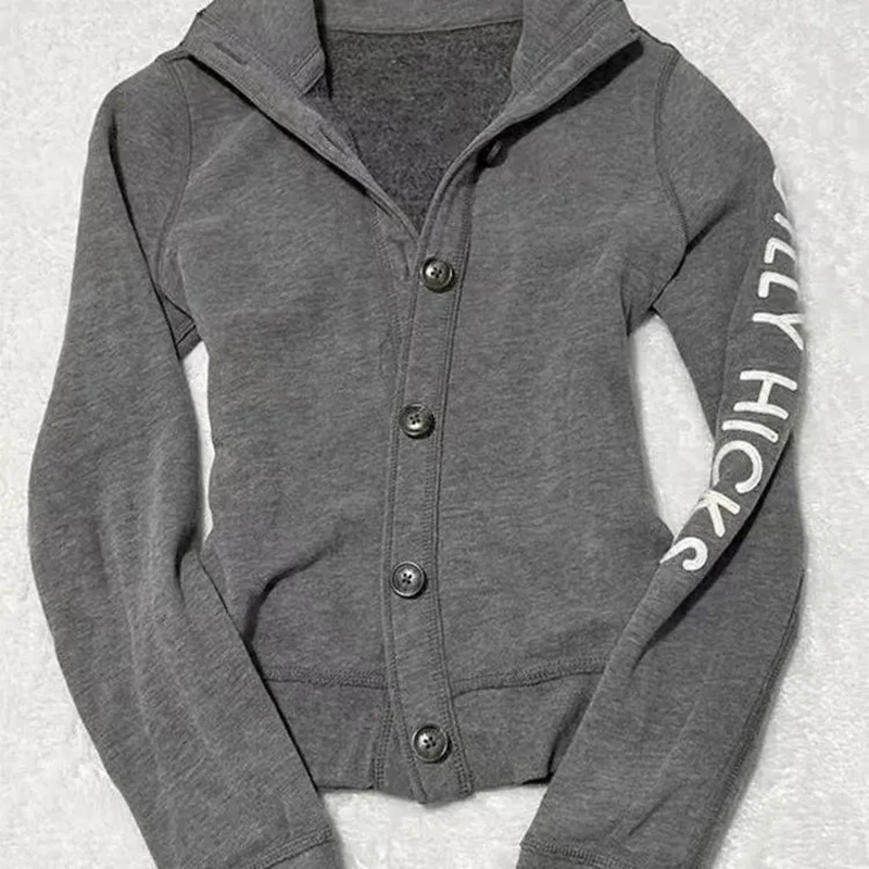 

Women Grey Classic Simple Sweatshirt Casual Long Sleeve Single Breasted Coat Vintage Harajuku Y2K Spring Fall Solid Top