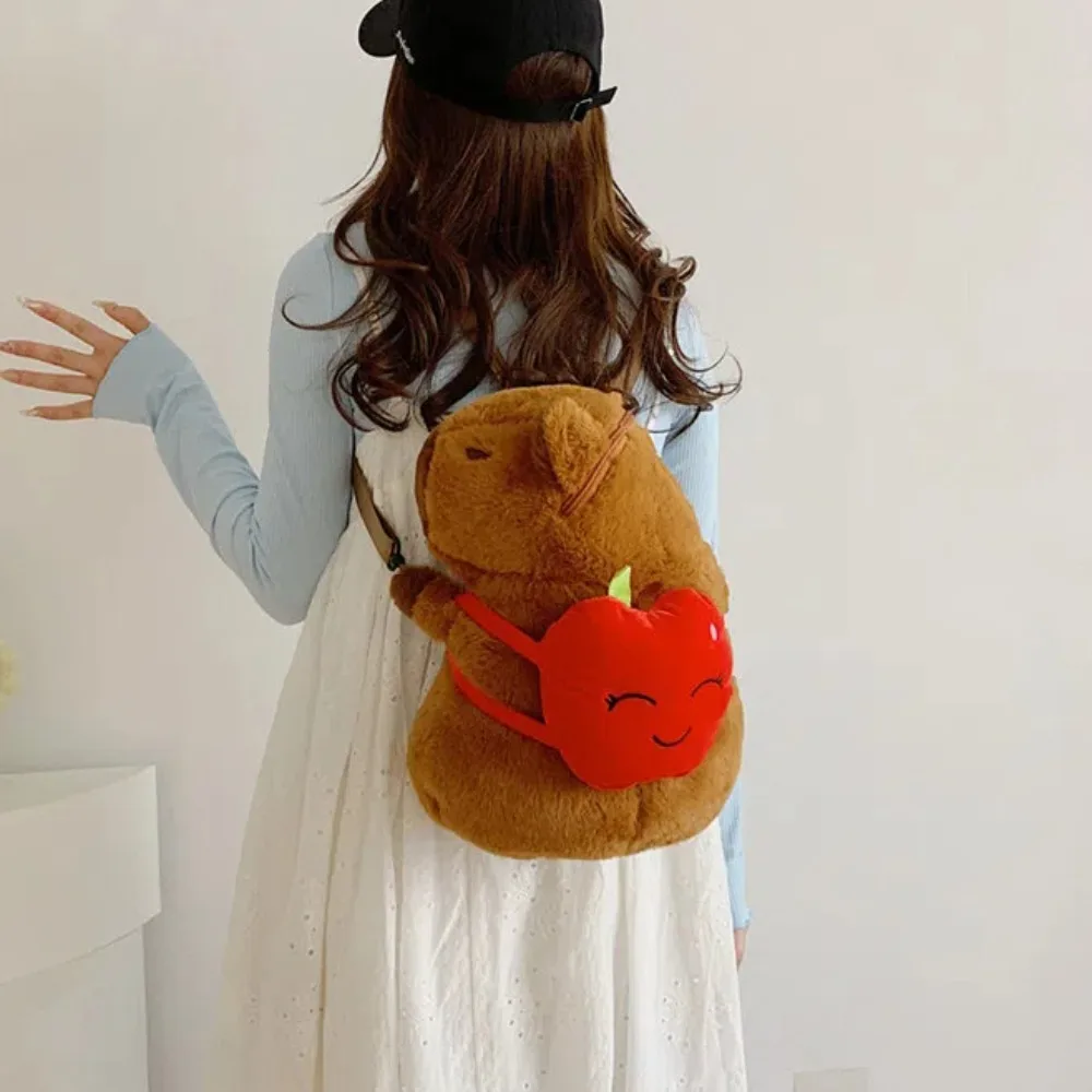 Turtle Capybara Doll Backpack Cartoon Plush Women\'s Daypack Crooked Head Capybara  Fruit Combination Cotton Filled Crossbody Bag