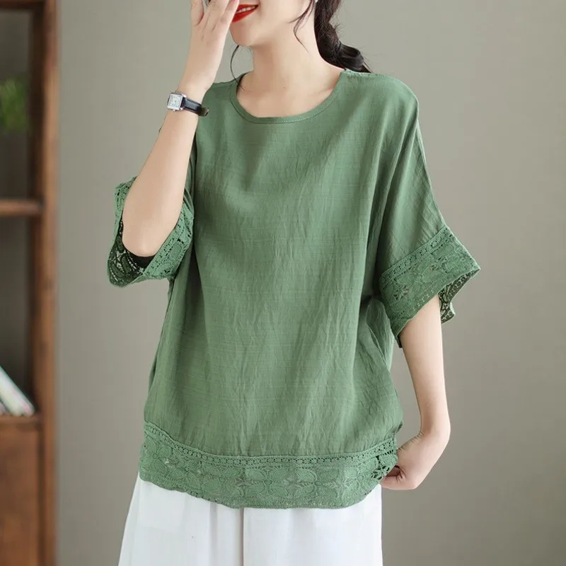 Johnature New O-neck Short Sleeve Casual Women Tops Shirts 2024 Summer Casual Simple Solid Color Patchwork Lace Loose Blouses