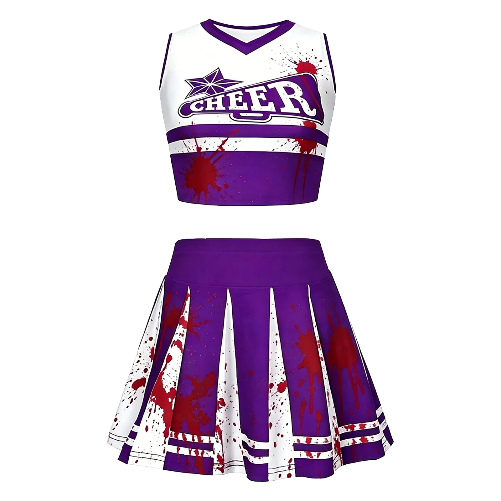 Kinder Mädchen Halloween Cheerleader Cosplay Kostüm Cheerleading Uniform V-Ausschnitt Crop Top mit Faltenrock Cheer Dance Outfit – Detail 3
