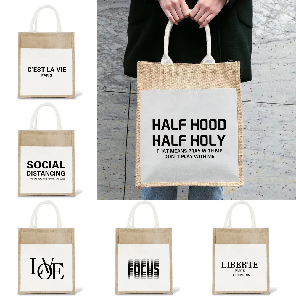 

Burlap Jute Tote Bag Vintage Reusable Grocery Shopping Bags Printing Beach Handbags Multifunctional Flax Tote Text Series
