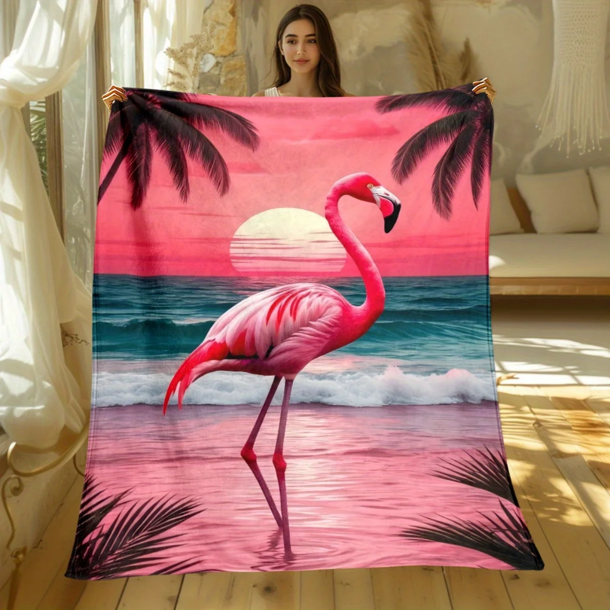 Pink Flamingo Tropical Sunset Beach Palm Tree Fleece Blanket Summer Paradise Scene Coastal Decor Soft Cozy Throw For Living Room
