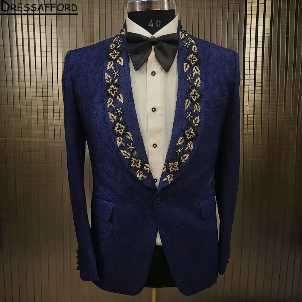 Homens Azul Royal Jacquard tecer ternos, noivo casamento smoking, jantar Prom Blazers, Terno masculino completo, 2 peças conjuntos