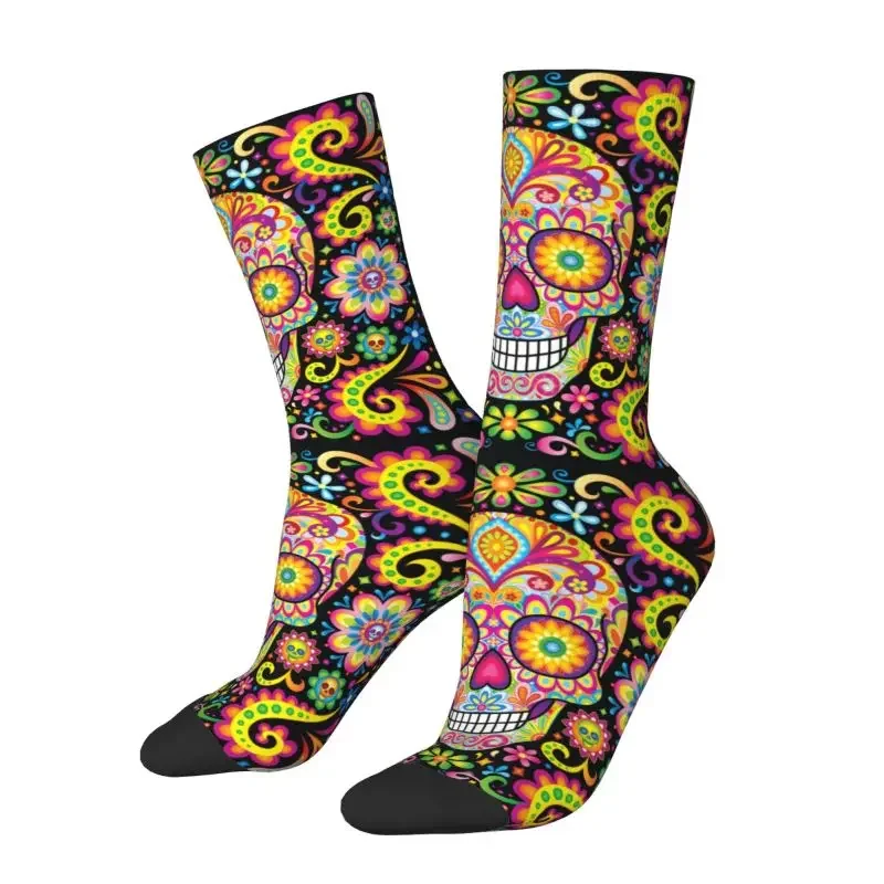 Cool Day Of The Dead Sugar Skull Socks Women Male Men Breathable Warm 3D Print Halloween Mexican Flowers Sports Basketball Socks