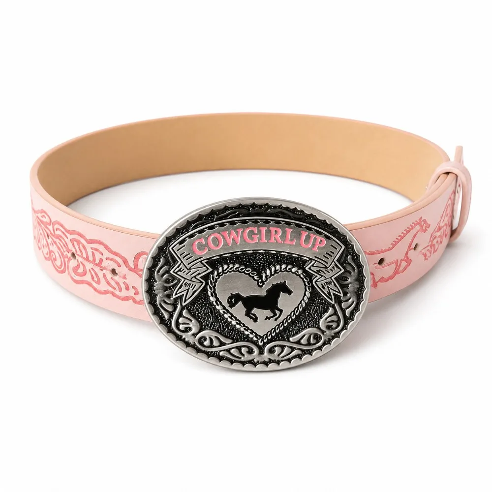 COWGIRL UP Western Cowgirl Belt Luxury Design Trendy Brand Heart Horse Buckle Waistband Pink Embossed Belt for Women Spice Girls