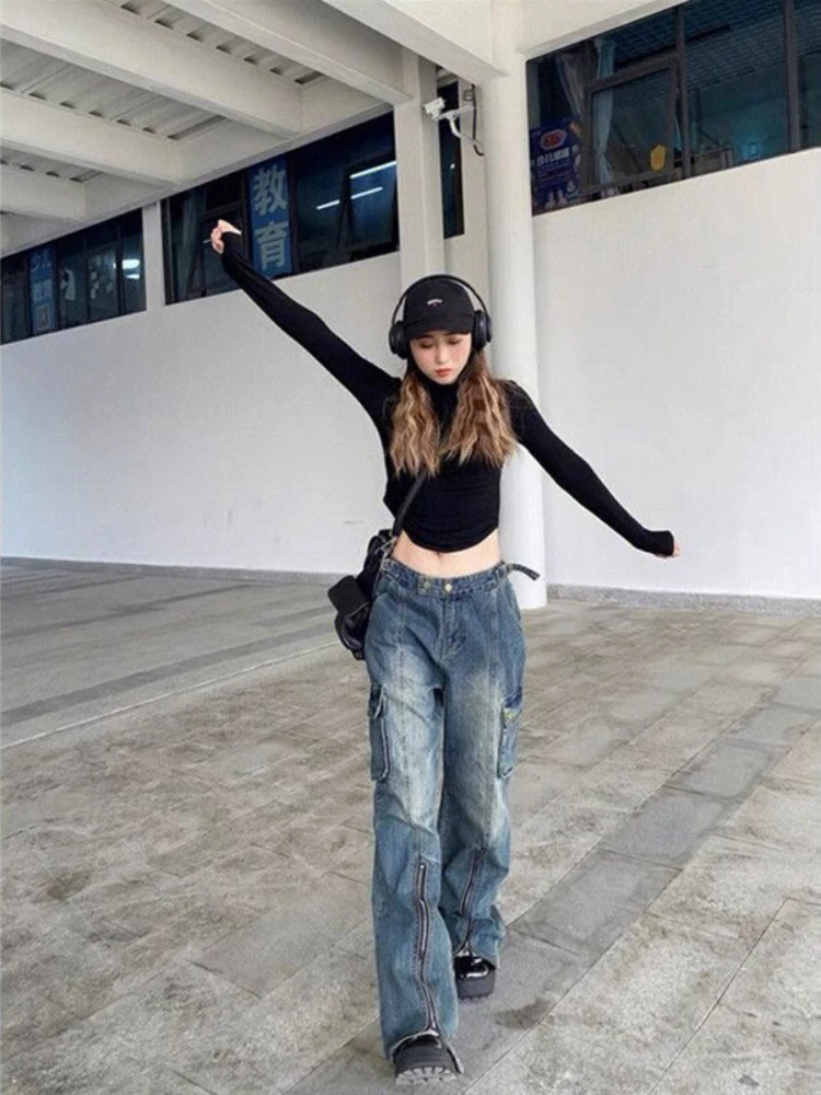 Calça jeans de perna larga larga larga larga de cintura alta feminina, moda punk, calça Y2K, calça grunge, calça com zíperes, Harajuku, primavera, 2023