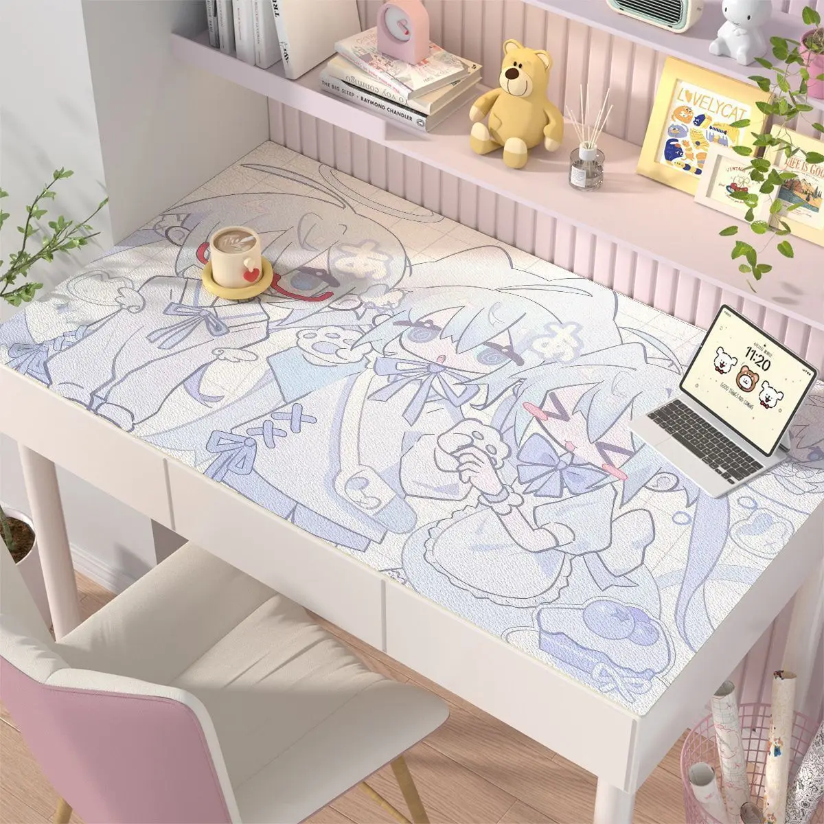 Japanese Anime Girl Blue Kawaii PVC Leather Mouse Pad Extra Large Mouse Pad Pink Keyboard Pad Office Desk Pad Y2K